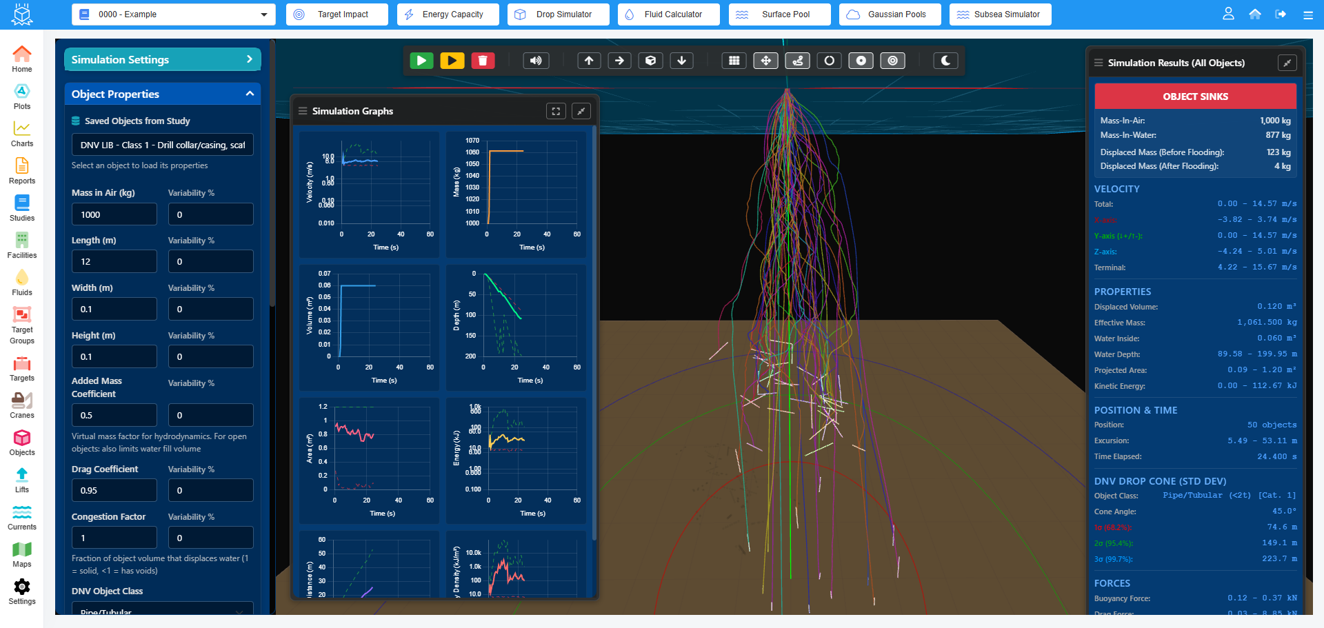 Dropulyzer Dropped Object Simulation - Simulate dropped object trajectories and impact scenarios in offshore environments. Model object dynamics, calculate hit probabilities, and assess potential damage to subsea infrastructure.